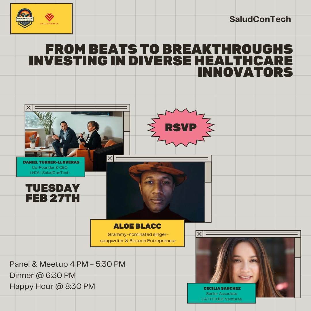 Join us this Tuesday, Feb 27th, for exclusive events with SaludConTech! Dive into discussions with this year's speakers including Daniel Turner-Lloveras, Aloe Blacc, and Cecilia Sanchez. Panel &amp; Meetup starts at 4 PM, followed by dinner and a Happy Hour! ow.ly/VNcZ50QHqQs