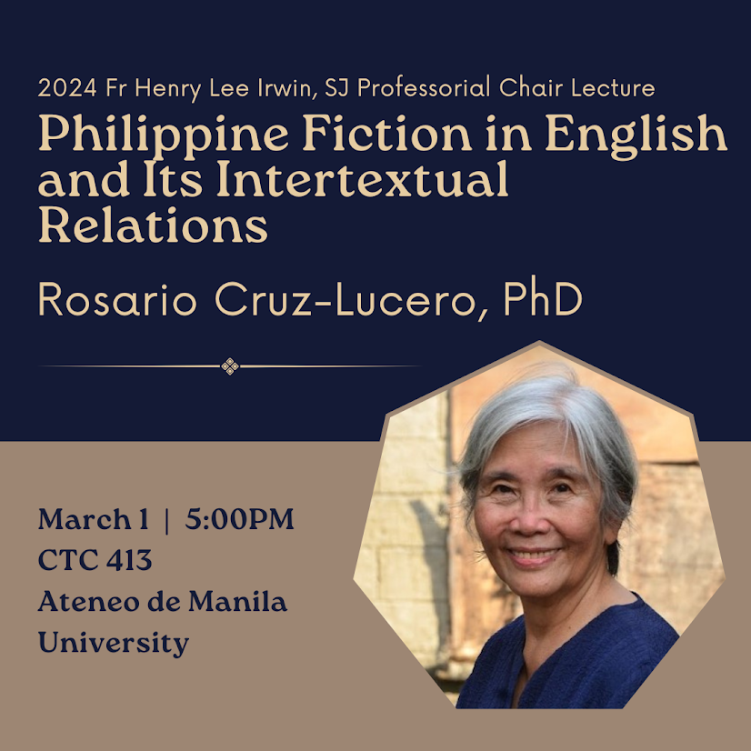 ailapofficial's tweet photo. Fictionist, essayist, and literary critic, Rosario "Chari" Cruz-Lucero is this year's Henry Lee Irwin SJ Professorial Chair holder. She will deliver her Irwin SJ lecture titled “Philippine Fiction in English and Its Intertextual Relations,” on 1 March, 5:00-6:30 pm, at CTC 413 https://t.co/uw9CyJnEaF