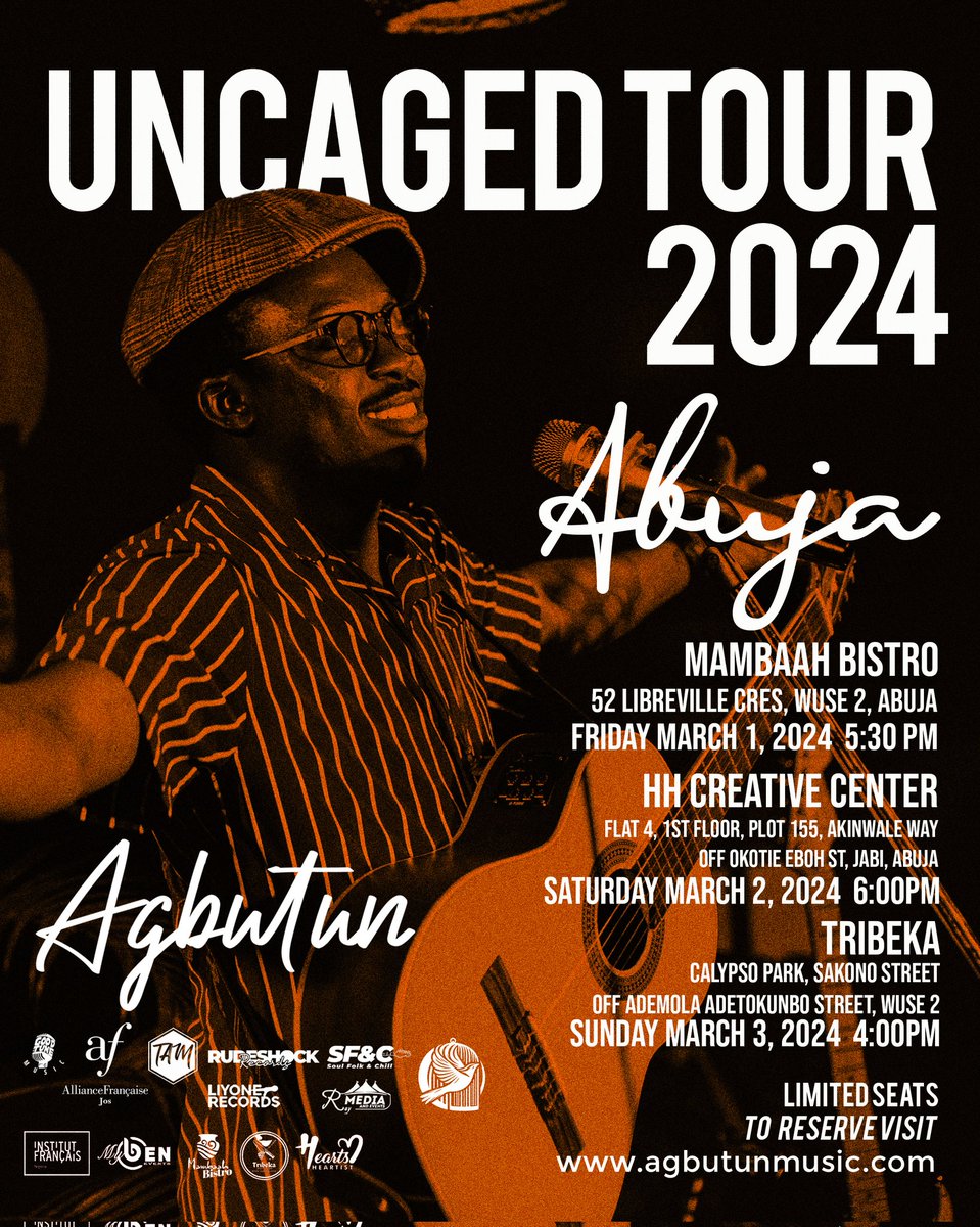Get ready, Abuja! The #UncagedTour is heading your way, with some incredible support acts in tow. @mambaahbistro
@hh.creativecenter
@tribeka.boooozway
@trueartmovere
@ifnigeria
@soulfolknchill
@mybenevents
@raymondshehu
@alliance_francaise_jos