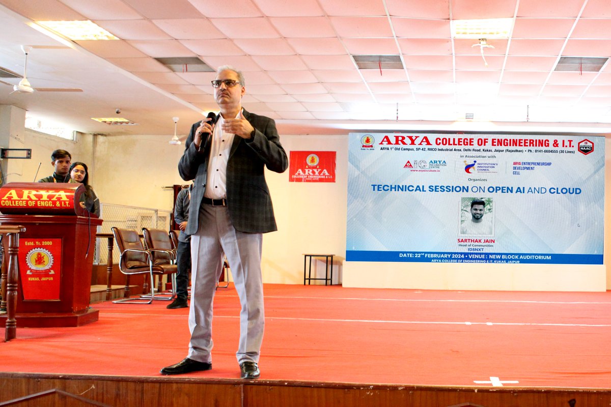 #AryaCollege of Engineering & IT, Jaipur, in collaboration with Arya Incubation Centre, IIC, & Arya Entrepreneurship Development, hosted a #TechnicalSession on Open AI and Cloud on 22 Feb, 2024. The session was delivered by Sarthak Jain, Head of Communities at ID8NXT.