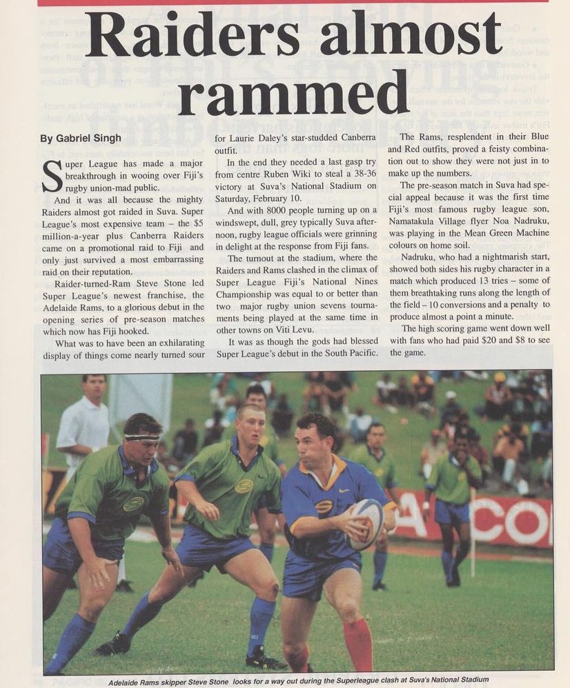 AdelaideRamPage's tweet photo. Back in 1996 the Adelaide Rams played their first club game in history against @RaidersCanberra in Fiji - the first full professional rugby league game played there. Rams lost narrowly 38-36 in front of ~8000 fans.
#growthegame
#adelaiderams https://t.co/PUBsxff9RM