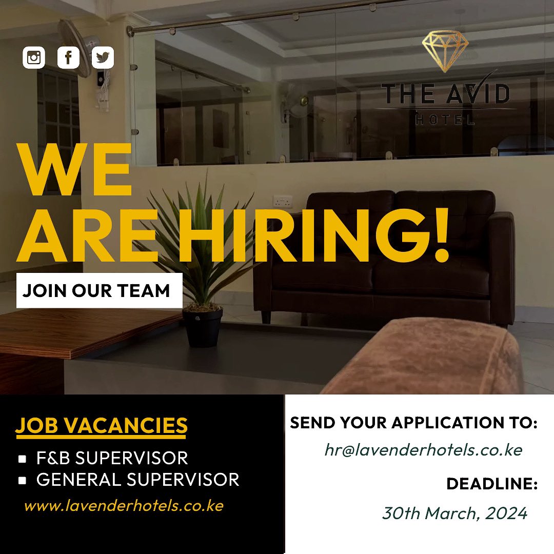 _lavenderhotels's tweet photo. We’re seeking passionate and highly qualified individuals in hospitality, with a background in similar roles to join our team here at The Avid Hotel, Voi.
We invite you to submit your applications today!

Visit our Facebook page⬇️
https://t.co/vTTXDGjTPp

#JobVacancy_Alert https://t.co/CyKPfo6LCa