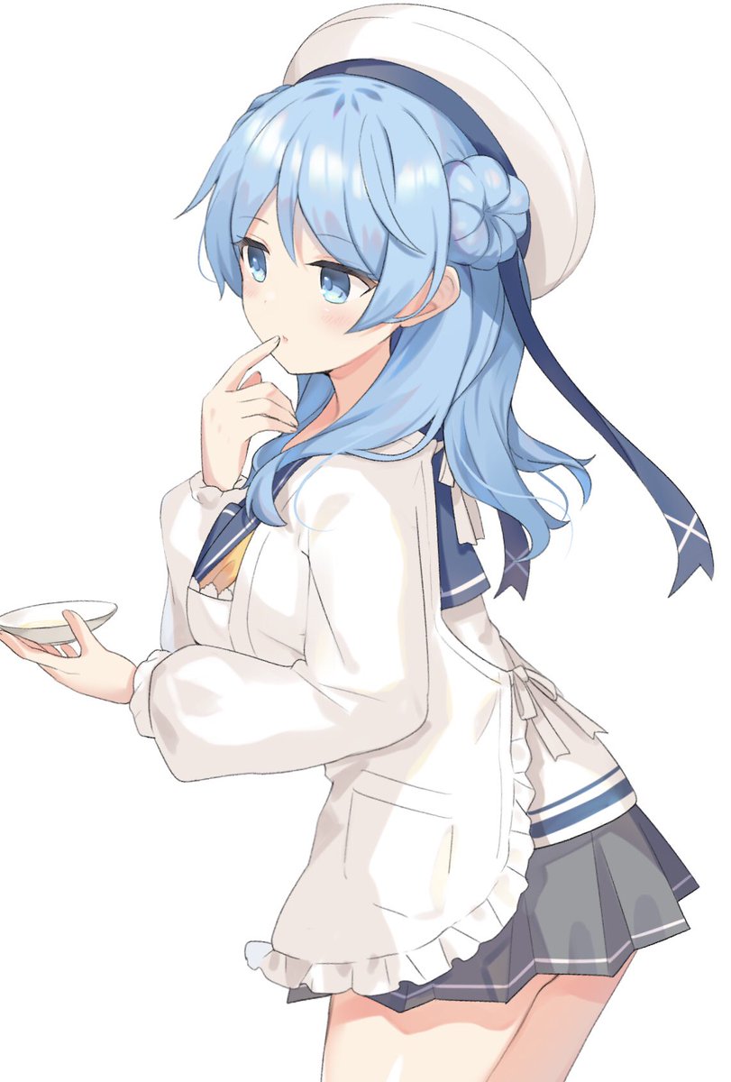 urakaze (kancolle) 1girl solo blue hair hair bun hat blue eyes apron  illustration images