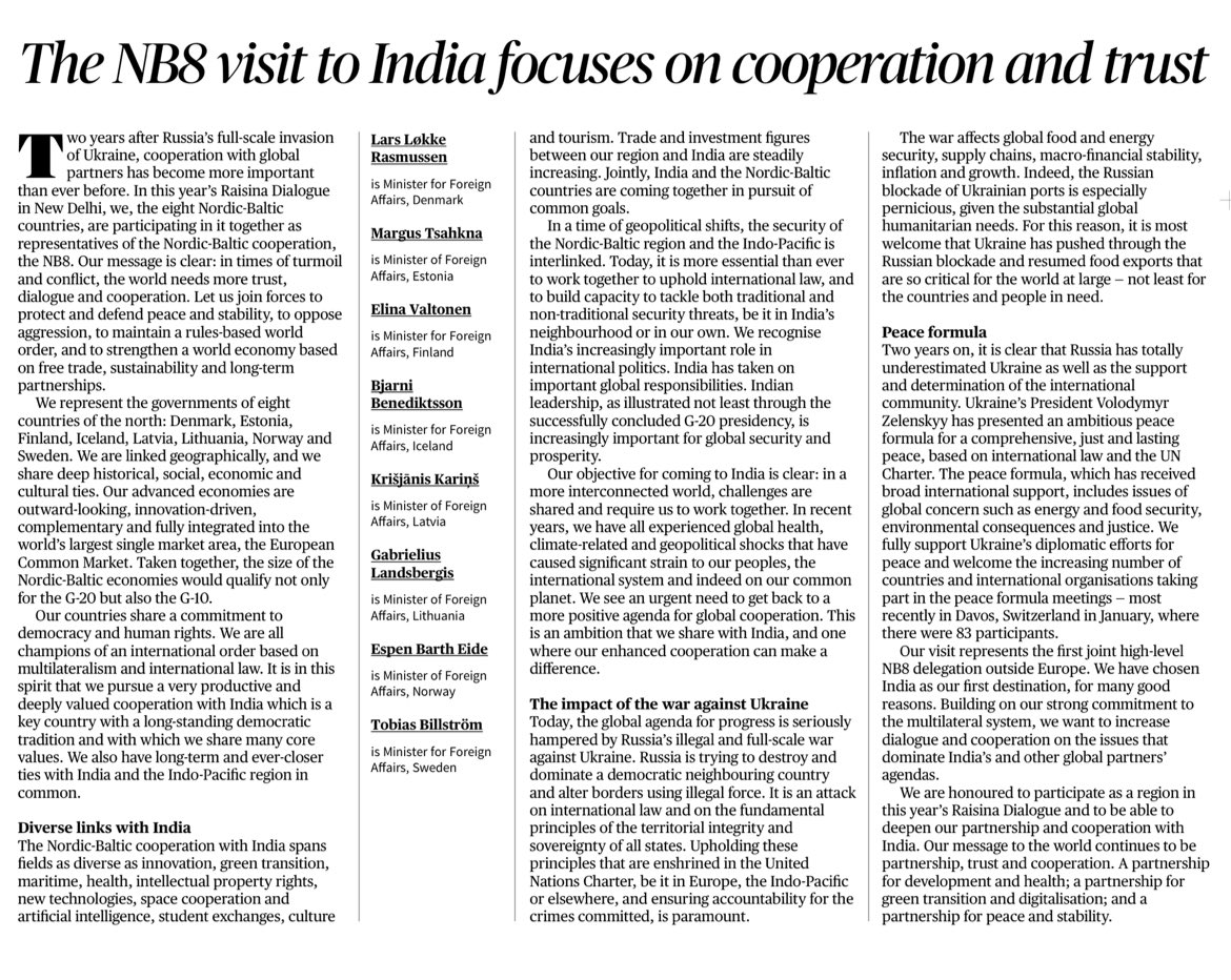See the joint article of NB8 Foreign Minister's in @the_hindu today. Building a bridge between NB8 and 🇮🇳India. Russian agression to 🇺🇦Ukraine touches us all, also India.