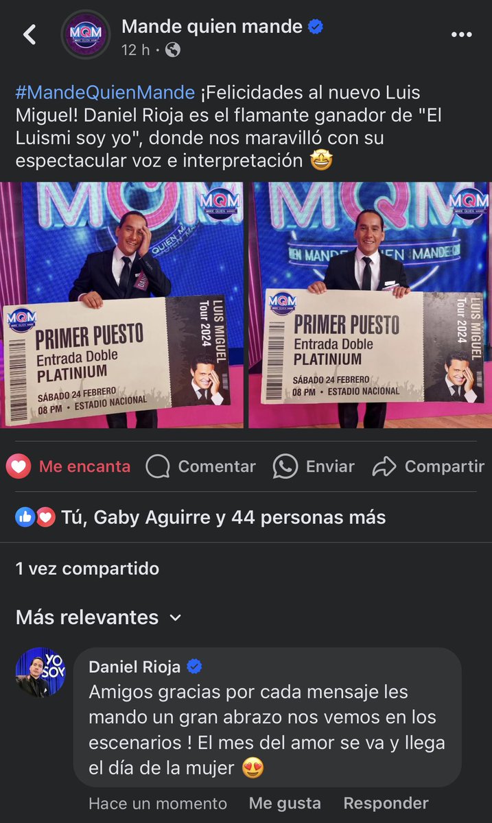 danielrioja_'s tweet photo. Gracias por esta devolución en mi participación como Imitador de Luis Miguel @mqmtvoficial #MandeQuienMande #danielrioja #luismiguel @americatv_peru nos vemos en el concierto del sol 🌞 https://t.co/YeqaRWhvOz