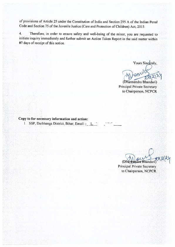 #update After the news went viral, @KalingaForum raised the issue and lodged a complaint with NCPCR. NCPCR took the issue very seriously and sent a letter to the Darbhanga DM to take legal action against Christian Missionary Rachel. Great job by @KalingaForum