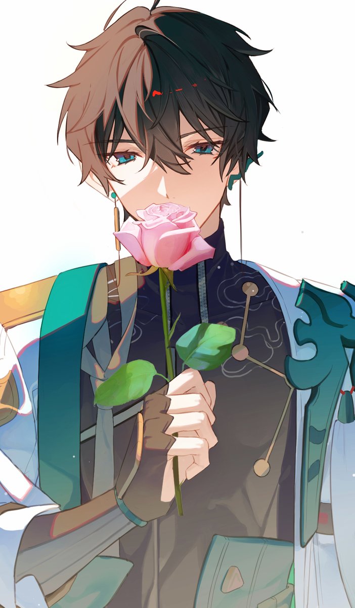 dan heng (honkai: star rail) 1boy flower male focus holding flower solo holding short hair  illustration images