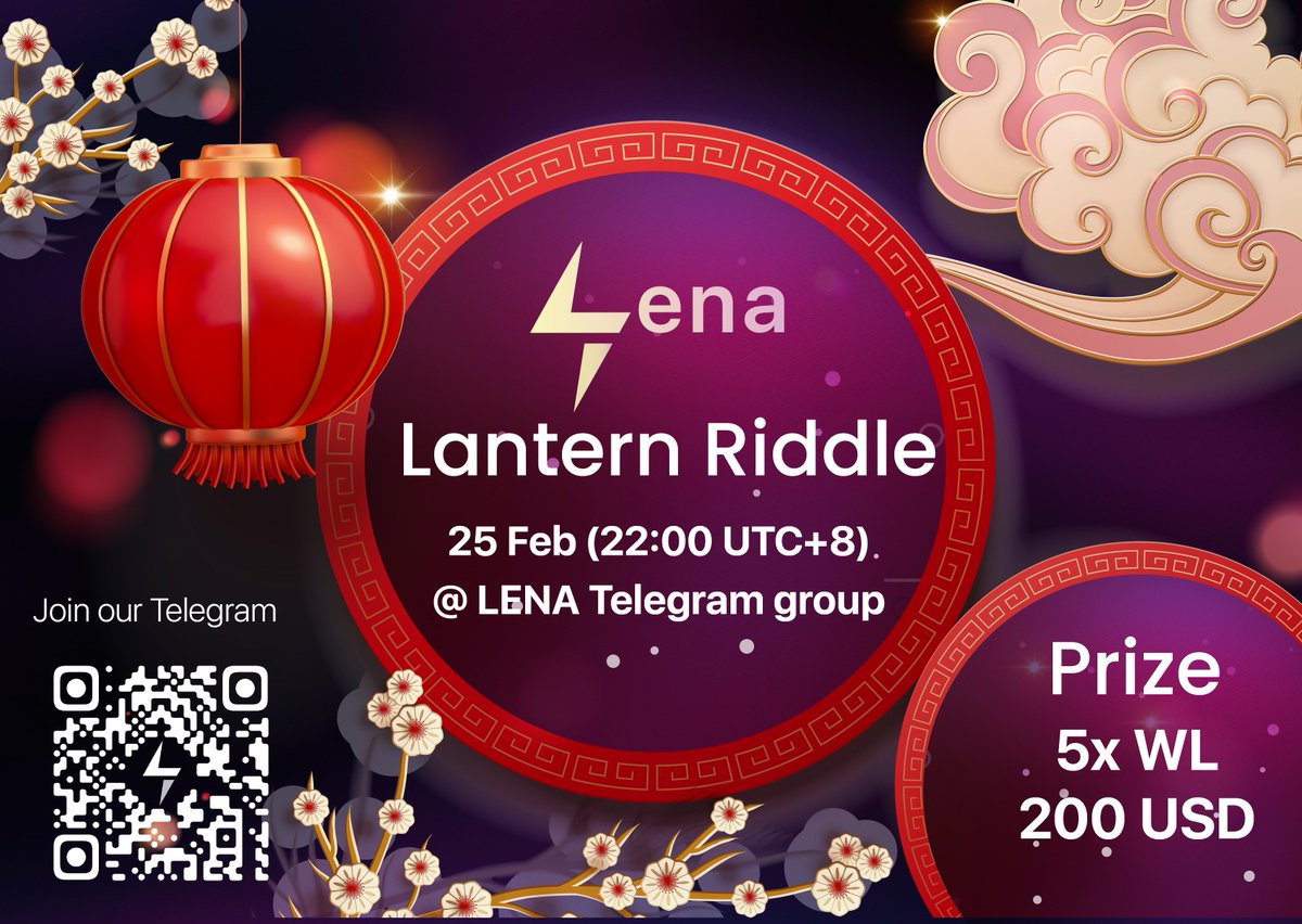 Auction Light ⚡ (@auctionlight) on Twitter photo 🏮 Welcome to our Lantern Riddles event! 🏮  
Join us for some brain teasers and fun challenges in our Telegram group. Solve riddles, win prizes, and have a blast with us! 
 
Location: t.me/LENA_Network_O… 
Date: 25 Feb (22:00 UTC+8)
Prize: 5 x WL & 200 USDT 🎁✨ 
 
More 🏮 Welcome to our Lantern Riddles event! 🏮  
Join us for some brain teasers and fun challenges in our Telegram group. Solve riddles, win prizes, and have a blast with us! 
 
Location: t.me/LENA_Network_O… 
Date: 25 Feb (22:00 UTC+8)
Prize: 5 x WL & 200 USDT 🎁✨ 
 
More