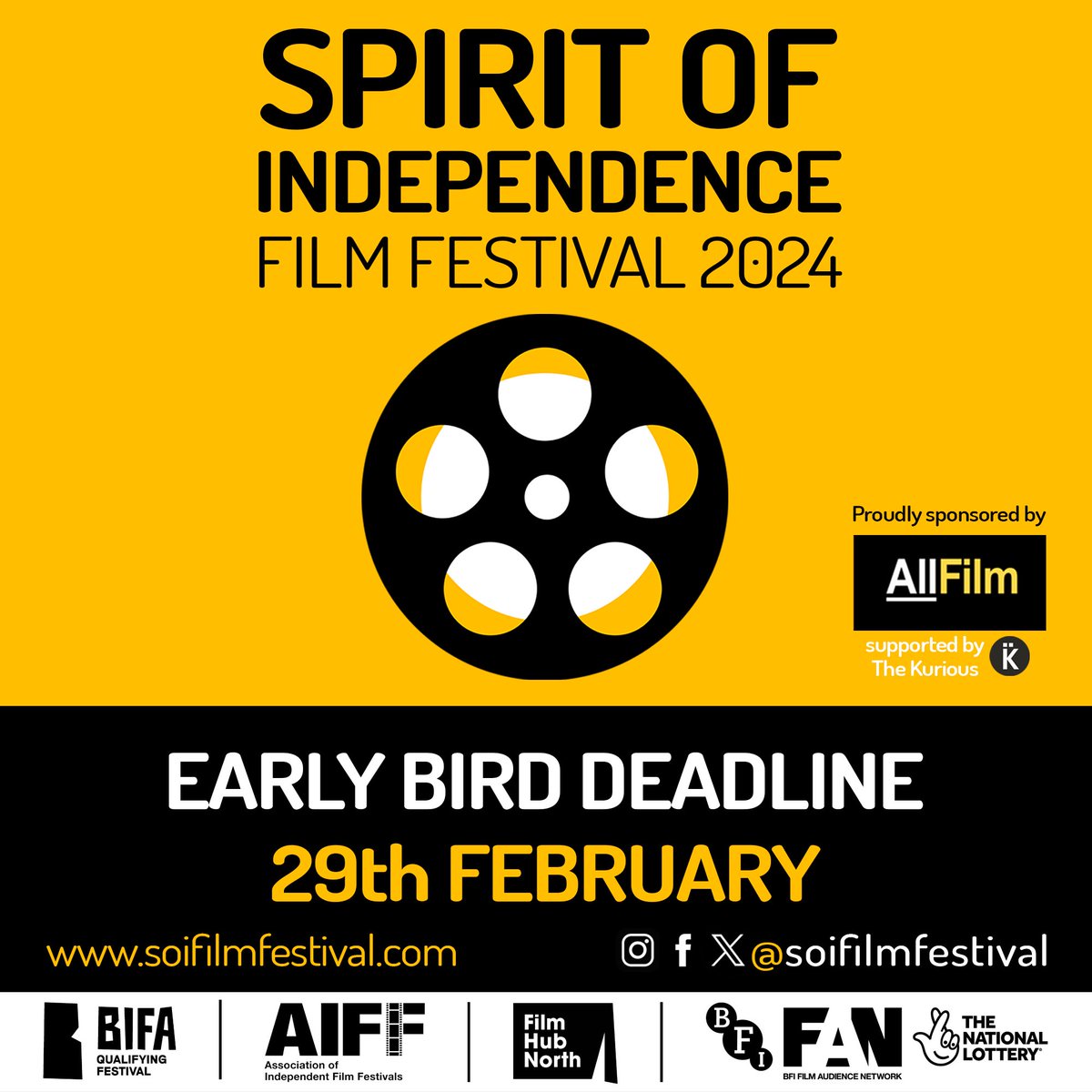 Spirit of Independence Film Festival (@soifilmfestival) on Twitter photo It’s double deadline day approaching📣
Our Emerging Spirit competition closes and our earlybird film submission deadline are on then 29th📆
Details here filmfreeway.com/SpiritofIndepe…
Spirit of Independence film festival is sponsored by AllFilm supported by <a href="/thekurious_/">The Kurious</a> It’s double deadline day approaching📣
Our Emerging Spirit competition closes and our earlybird film submission deadline are on then 29th📆
Details here filmfreeway.com/SpiritofIndepe…
Spirit of Independence film festival is sponsored by AllFilm supported by <a href="/thekurious_/">The Kurious</a>