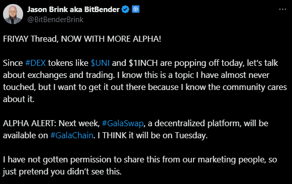 JesusMartinez's tweet photo. $GALA Is Launching GalaSwap Next Week,

Supposed to have lower fees than CEX's (1 $GALA)

From what I can see, they're doing an order-book system (You need a buyer, seller)

Not a bad concept at all, reminds me of the beginning of Hedera

Low liquidity until something like SaucerSwap comes up or memecoins bring liquidity to Gala Chain

"Governance" tokens are a big narrative right now & it would make a lot of sense if GalaSwap made their own governance token to separate themselves directly from $GALA

Doubling down on the institutional narrative like we talked about on our last video, expected