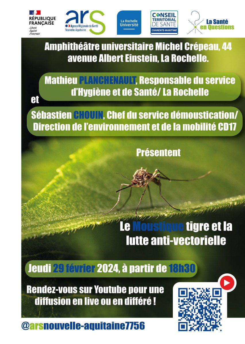 ARS_NA_DD17's tweet photo. 🚨J-5|
🦟Jeudi 29 février se déroulera la conférence gratuite "Le moustique tigre et la lutte antivectorielle" !

📍44 Avenue Albert Einstein, La Rochelle. 
⌛️Venez nombreux ! https://t.co/tq2JONWqn6