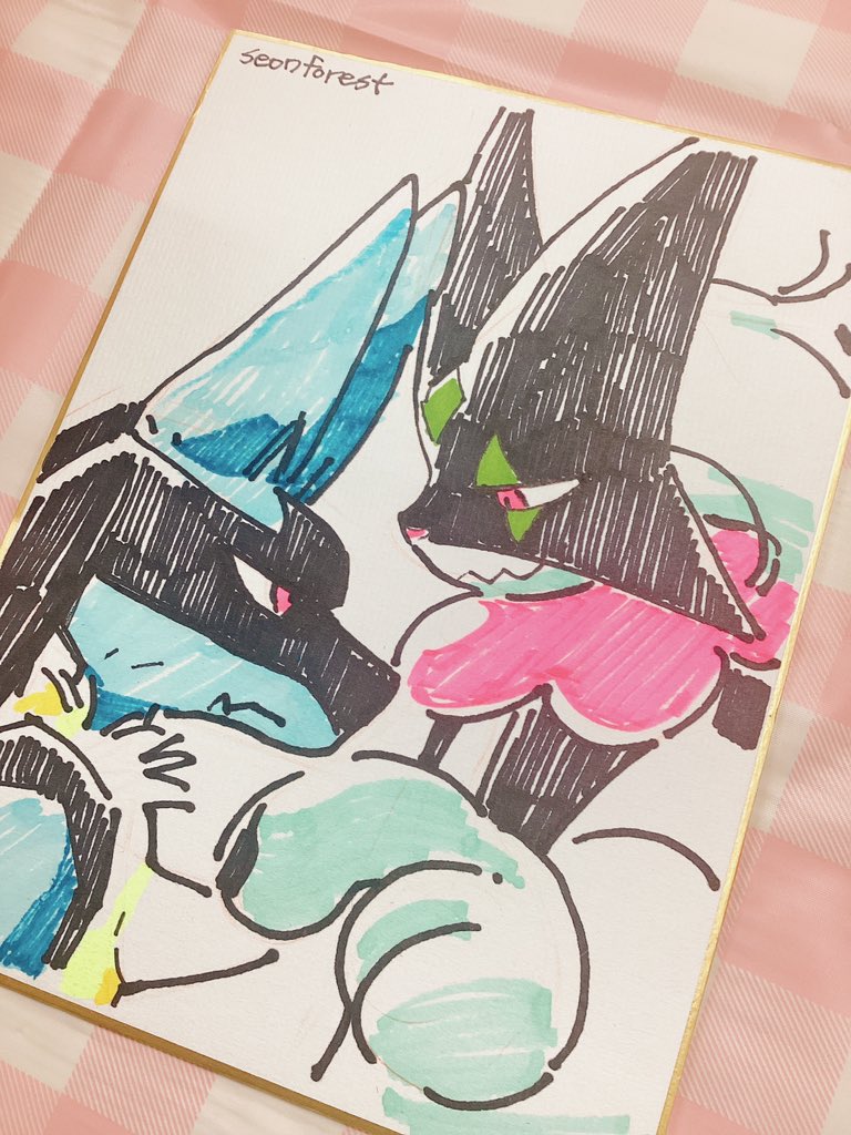 lucario ,meowscarada pokemon (creature) eye contact traditional media furry looking at another closed mouth dated  illustration images