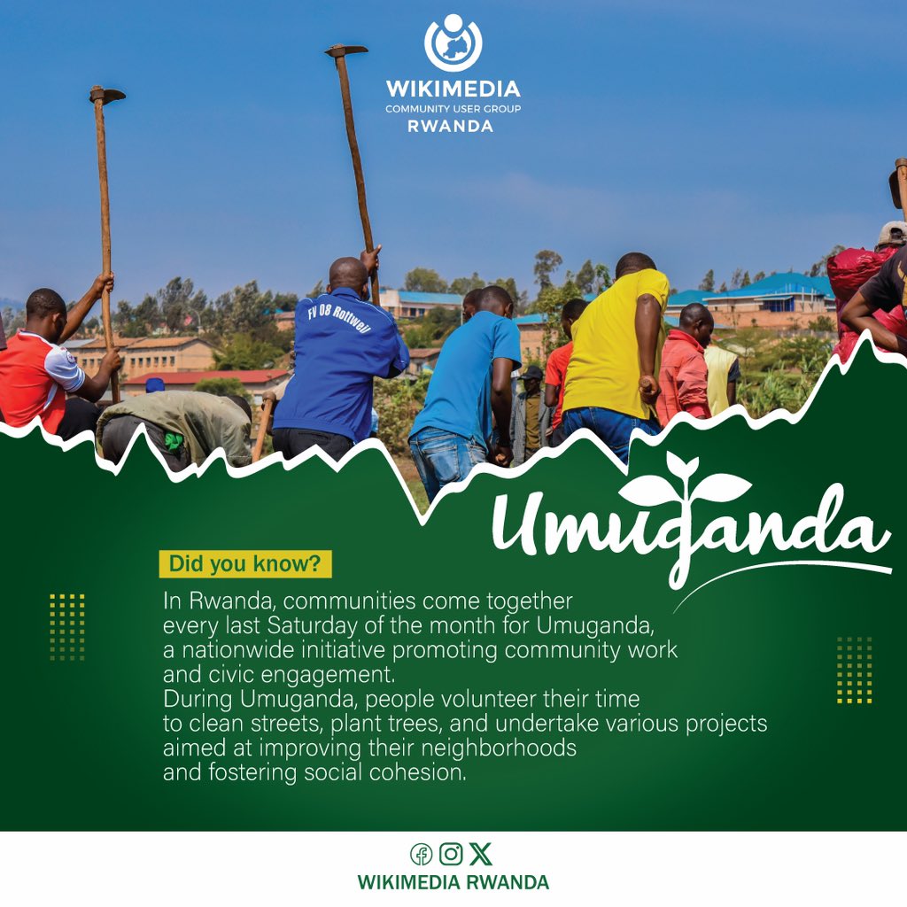Did you know? In Rwanda, communities come together every last Saturday of the month for Umuganda, a nationwide initiative promoting community work and civic engagement. For more about Umuganda click 👉🏽 en.wikipedia.org/wiki/Umuganda?… @RwandaLocalGov #Umuganda #CommunityWork #Rwanda