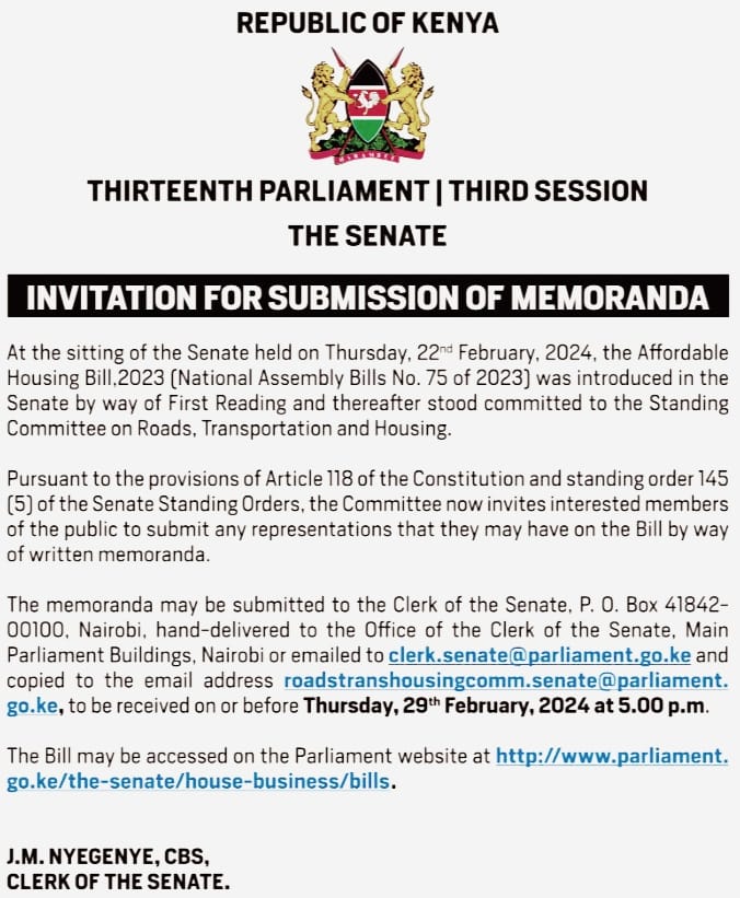 AmbokoJH's tweet photo. The Affordable Housing Bill 2023 is now in the Senate. 

The Senate Standing Committee on Roads, Transportation &amp; Housing is now inviting comments by Thursday 29th February, 5:00pm. 

What has changed in the Bill? 

I see further legal hurdles potentially going to court.

A 🧵 https://t.co/Gf42kMGq1F