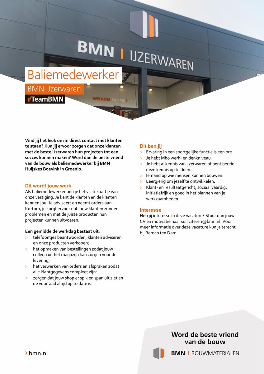 huijskesboevink's tweet image. 𝗪𝗶𝗷 𝘇𝗶𝗷𝗻 𝗻𝗼𝗴 𝗼𝗽 𝘇𝗼𝗲𝗸 𝗻𝗮𝗮𝗿 𝗲𝗲𝗻 𝗲𝗻𝘁𝗵𝗼𝘂𝘀𝗶𝗮𝘀𝘁𝗲 𝗯𝗮𝗹𝗶𝗲𝗺𝗲𝗱𝗲𝘄𝗲𝗿𝗸𝗲𝗿!  Heb jij interesse ?   Stuur dan je CV en motivatie naar solliciteren@bmn.nl Voor meer informatie: remco.tendam@bmn.nl  #TeamBMN #Doenwe #BMNHuijskesBoevink