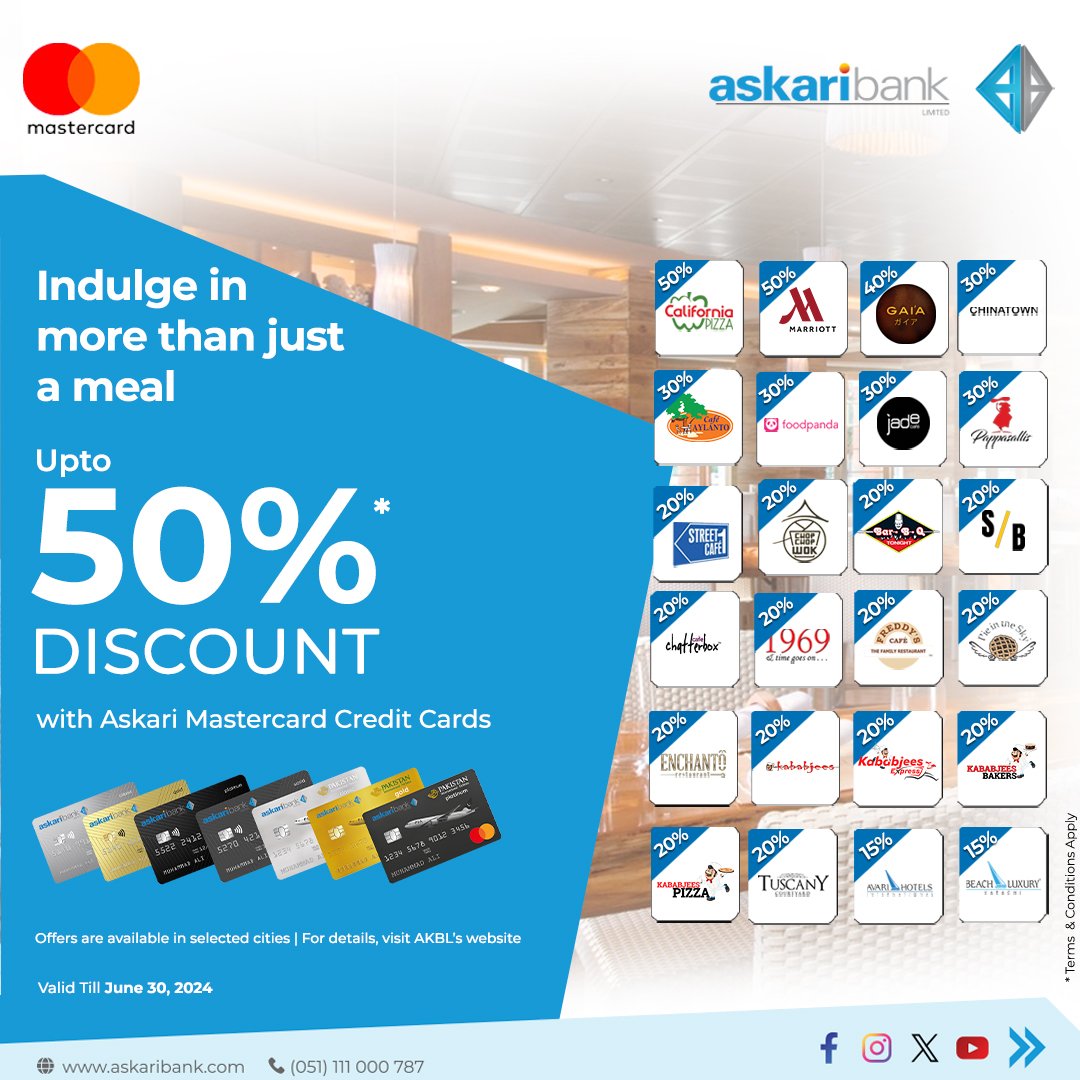 Treat your taste buds to more than just a meal! Enjoy up to 50% Discount at your favorite restaurants with your Askari Mastercard Credit Cards. Offer valid until June 30, 2024. Link: rb.gy/khhnik #askaribank #Discounts #deliciousfood #TreatYourself