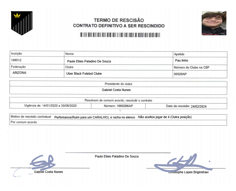 UberBlackFC's tweet photo. NOTA DE RESCISÃO  
É com pesar que anunciamos a rescisão do contrato do atleta Paulo Elisio com o Uber Black. Após análise cuidadosa, decidimos seguir caminhos separados. Agradecemos ao Paulo Elisio pelos serviços prestados e desejamos sucesso em seus futuro #UberBlackFC https://t.co/m82Hq4Onie