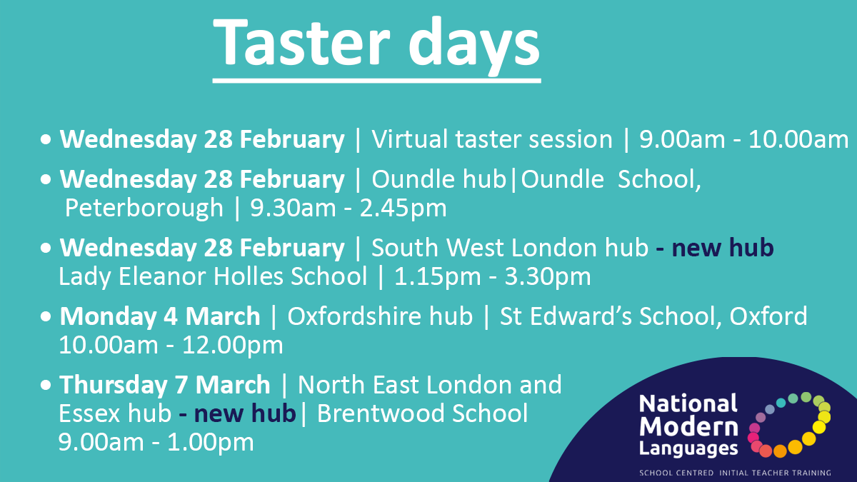 Calling all #FutureLanguageTeachers! Join us at our taster events. Meet the team, explore our teacher training programme and find out everything you need to know about becoming a languages teacher! Book now: ow.ly/rAbg50Qtvil @Brentwood_Sch @oundleschool @LEHSchool