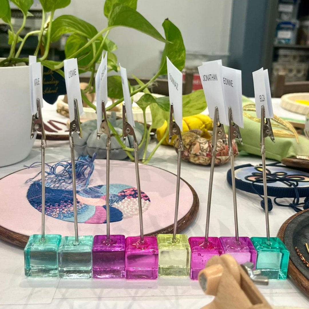 LondonEmbSchool's tweet image. The place cards are ready. 
We can&apos;t wait to welcome everyone who signed up for our in-person workshop today taught by Clara Stitching. 
#londonembroideryschool #londonembroidery #inpersonlearning #goldwork #stumpwork #koifish #workshop