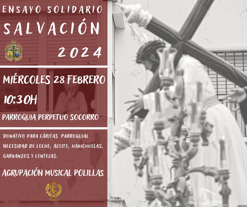 ENSAYO SOLIDARIO SALVACIÓN 2024
Miércoles 28 Febrero a las 10:30h en la Parroquia del Perpetuo Socorro. Donativo de un kilo de alimentos para Cáritas Parroquial.
Acompañamiento musical de la Agrupación Musical Polillas.
<a href="/salvacionjerez/">Hdad de la Salvación</a> 
<a href="/CSalvacionJerez/">Cuadrilla Salvación Jerez</a> 
<a href="/PolillasCadiz/">Polillas de Cádiz</a>