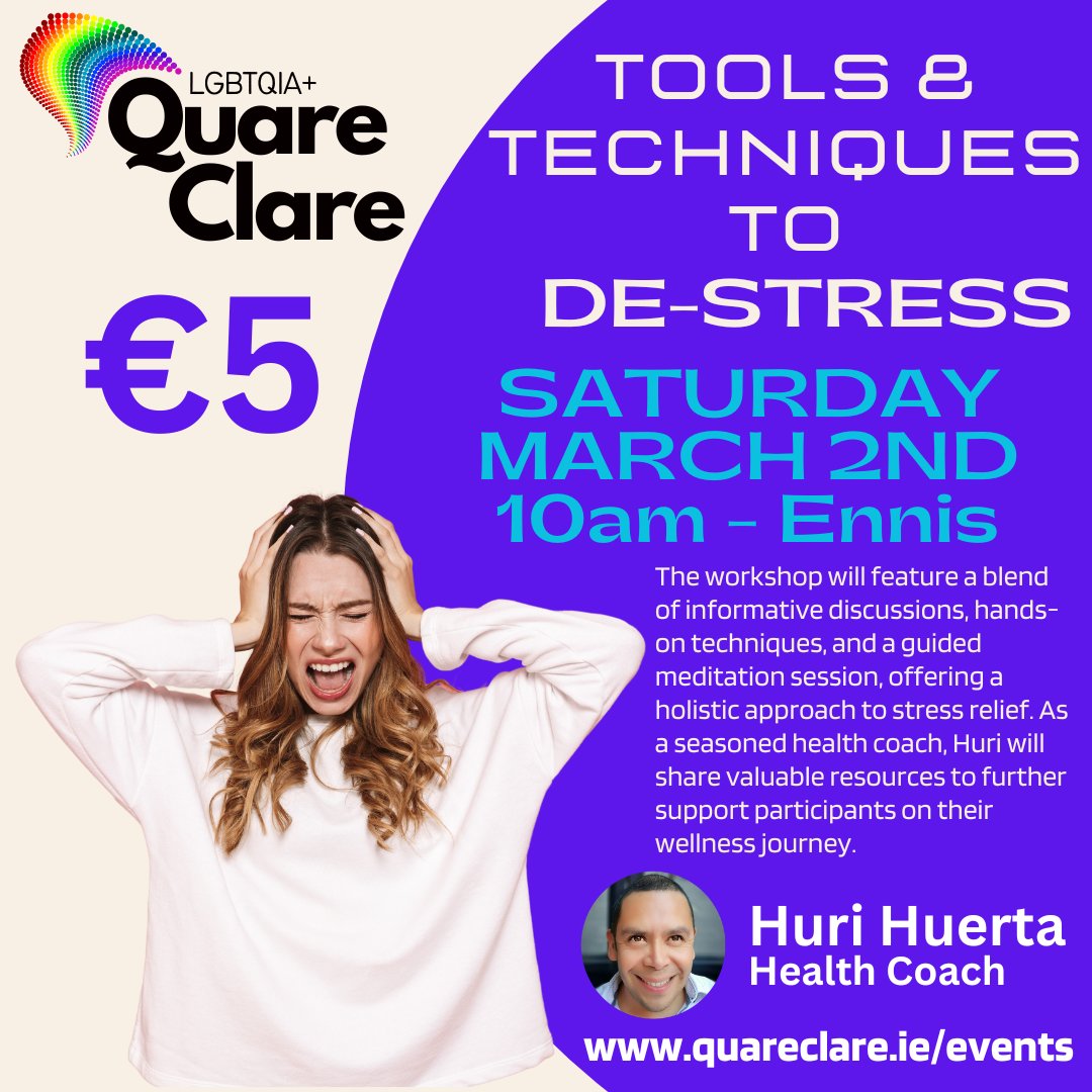 Join us for an empowering workshop, 'Tools & Techniques to De-Stress,' hosted by QuareClare and led by the esteemed Health Coach Huri Huerta. Don't miss this opportunity to learn and grow! #WellnessWorkshop #DeStress #HealthAndWellness #QuareClareEvents #EmpowerYourself