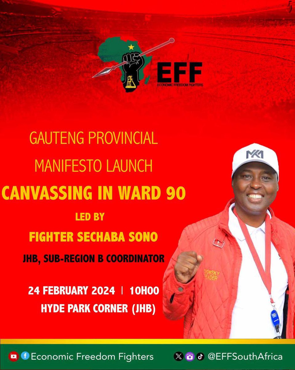 niehaus_carl's tweet photo. Our #EFFElectionCampaign is in full swing! Today I will be joining our Coordinator, Fighter #SechabaSono, and my fellow Fighters in the @EFFSouthAfrica Johannesburg Sub-Region, to canvass in Ward 90, for the EFF Gauteng Provincial Manifesto Launch, to sign up new members, and to urge EVERY registered voter to vote for the #EFF.
#2024IsOur1994!
#VivaEFF! βπΎ
#VoteEFF! βπΎ
#JuliusMalemaForPresident! βπΎ
A LUTA CONTINUA! βπΎ