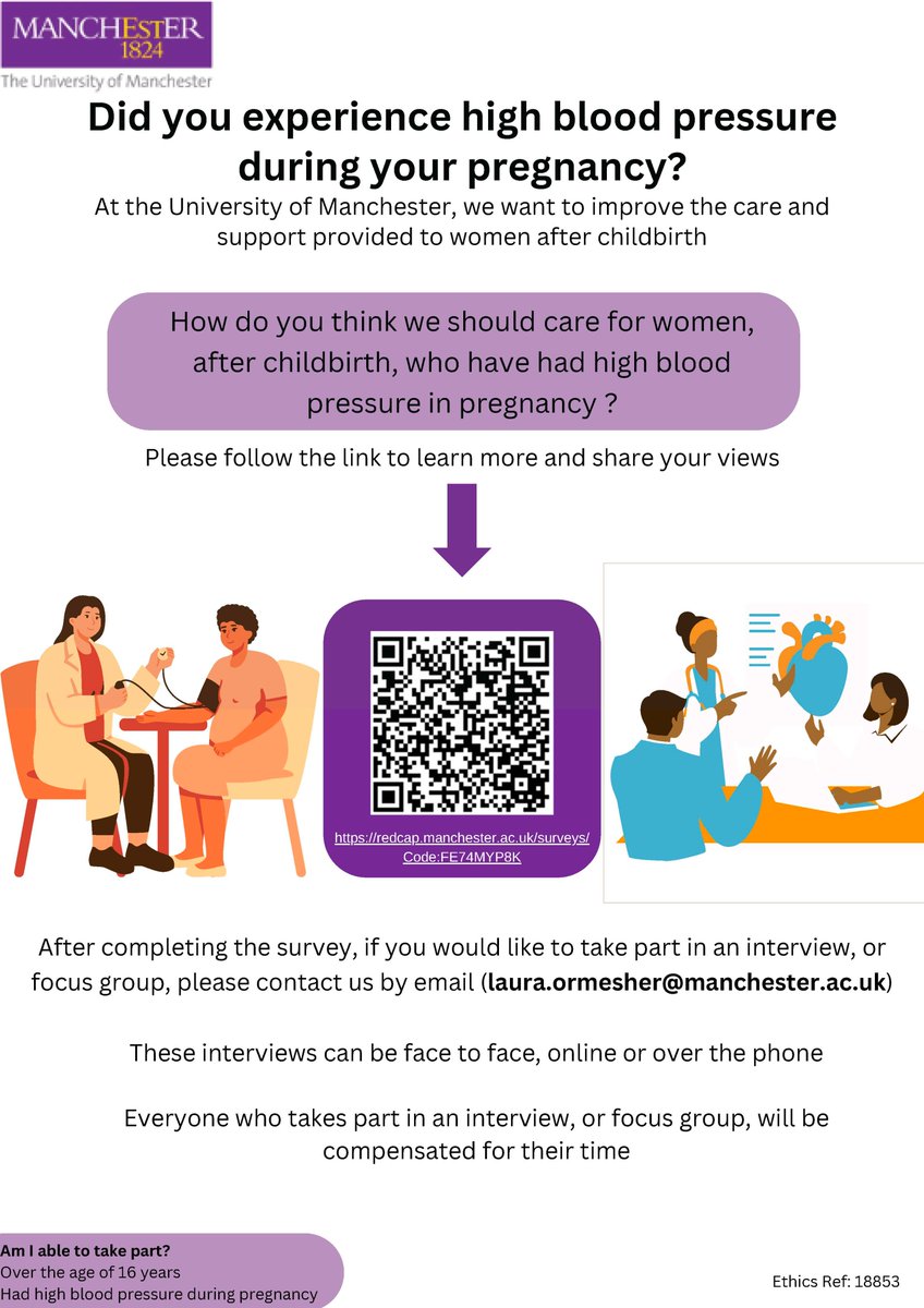 Did you experience high BP during your pregnancy? Researchers at the @OfficialUoM want to improve the care and support provided to women after childbirth. If you are aged 16 years or older and have ever had a pregnancy affected by high BP, we would like to hear your views.