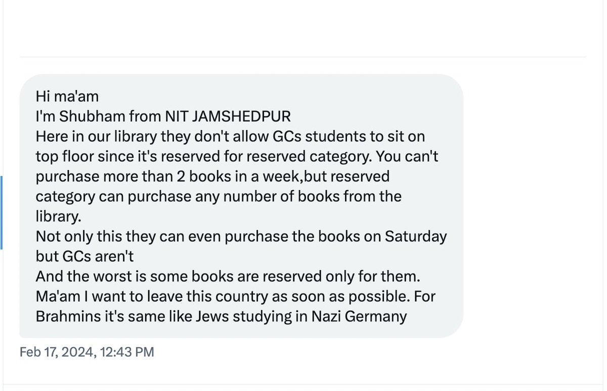 The entire floor in the library is reserved only for Reserved Category students. General category can't even access it.

General can borrow only 2 weeks but Reserved can borrow unlimited. 

This is an insane level of discrimination. How much lower can it go?