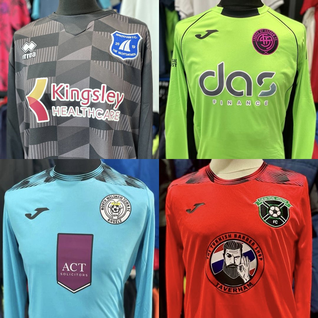 We love creating great goalkeeper kits 🧤 After all, one-of-a-kind players deserve one-of-a-kind kit! 🏆 Check out these top examples for @WroxhamWomen, @TSAFC_WG, @northwalshamtfc and Drayton Youth FC. #99Kits #YourUltimateKitPartner #Football #Goalkeeper