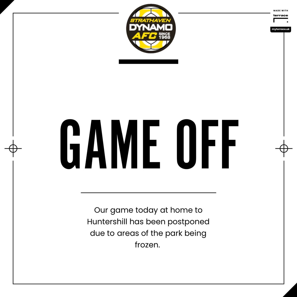 Strathaven Dynamo (@sdynamo_afc) on Twitter photo Our game this morning against <a href="/HuntershillAFC/">ROSSVALE HUNTERSHILL FC</a> is postponed due to a frozen pitch up in Strathaven. Our game this morning against <a href="/HuntershillAFC/">ROSSVALE HUNTERSHILL FC</a> is postponed due to a frozen pitch up in Strathaven.
