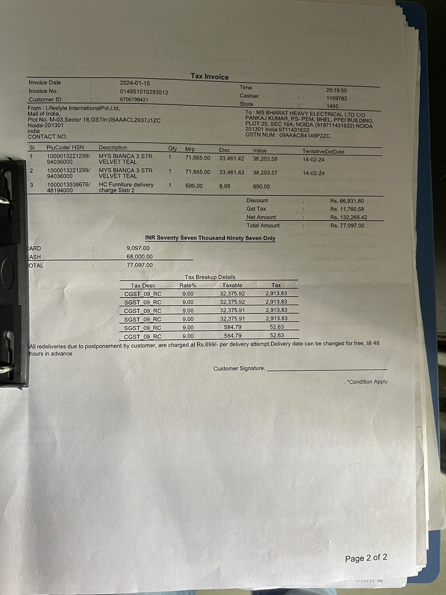 pankajkumarbag2's tweet photo. @HomeCentreIndia @Lifestyle_Store . I have bought 2 nos 3 seaters Sofa from Home centre, Mall of India, sector 18, Noida on 15.01.24. Delivery Date was 14.02.24. The sofas not delivered yet. The store not having  any clue when it will be delivered. Very sad. Invoice attached. https://t.co/FiBLlOr4Fw