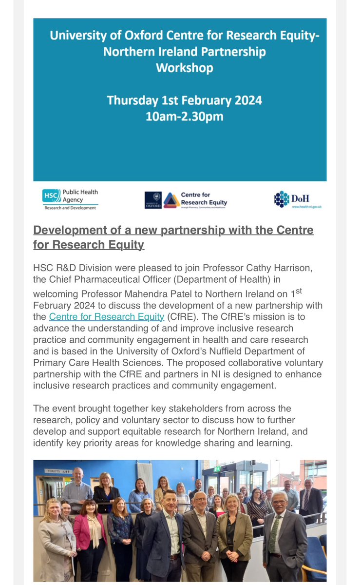 NEWS! Development of new multi-stakeholder Northern Ireland partnership and the Centre for Research Equity @TheCfRE @OxPrimaryCare supporting research equity and help reduce health inequalities in NI ! @healthdpt @cathyharrison00 @DacreJane @DavidAHaslam research.hscni.net/development-ne…