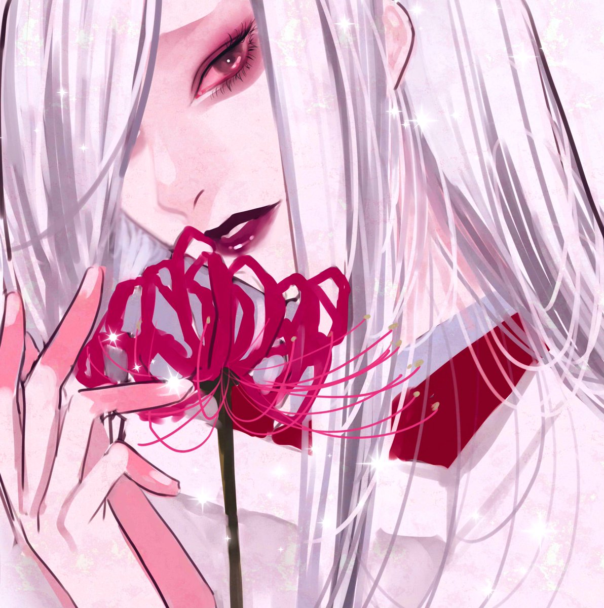 flower 1girl solo white hair long hair holding makeup  illustration images