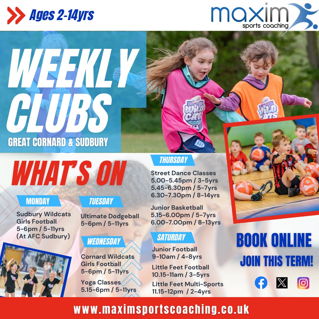 🏀WEEKLY CHILDREN’S CLUBS⚽️

Weekly clubs start back next week including Basketball, Yoga, Street Dance, Dodgeball, Wildcats Girls Football and Little Feet Football &amp; Multi-Sports Clubs for 2-5yrs! 🥳

Book online now! 

📲maximsportscoaching.co.uk/book-online 

#sudburysuffolk #greatcornard