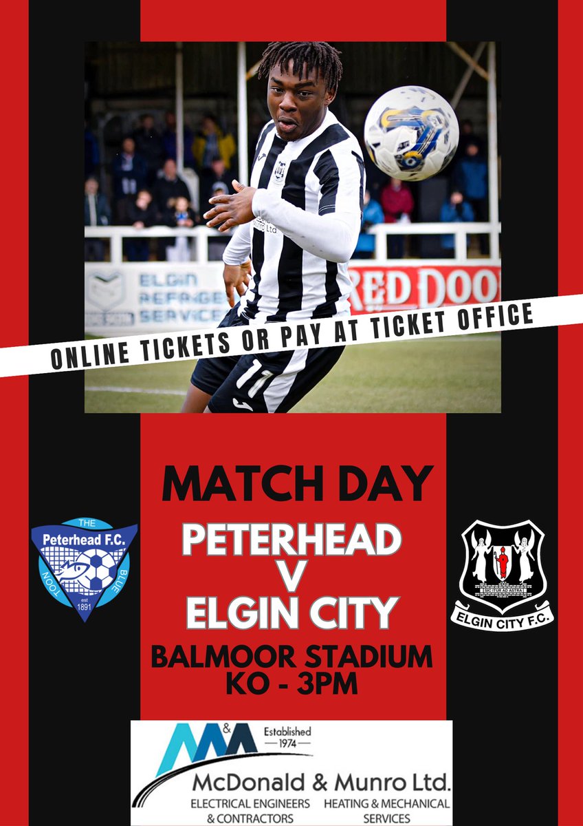 IT’S MATCHDAY ⚽️

🆚 Peterhead
🏟️ Balmoor Stadium
🏆 Cinch League Two 
⏰ Kick-Off - 3pm
🎟️ Online Tickets ticket office

🚙 For those making the trip down today we thank you for your continued commitment this season, and we look forward to seeing you again later today ⚫️⚪️