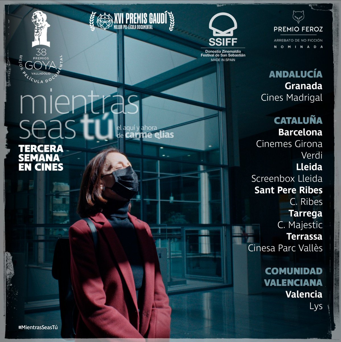 "Una historia que te atraviesa y te demuestra que la vida siempre compensa." (Cristina Plazas, actriz). 

#MientrasSeasTú invita a vivir el presente con el testimonio de Carme Elias. 🎟️ Ganadora del Goya y Gaudí a la mejor película documental.🎞️¡3⃣ semana en cines!
