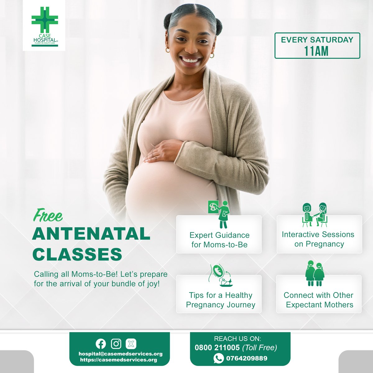 Exciting News for Expecting Moms! 🎉 Join us at Case Hospital Buganda Road for FREE Antenatal Classes every Saturday at 11am!   Don't miss out on this chance to prepare for the arrival of your little one! 🍼

 #AntenatalClasses #PregnancyJourney