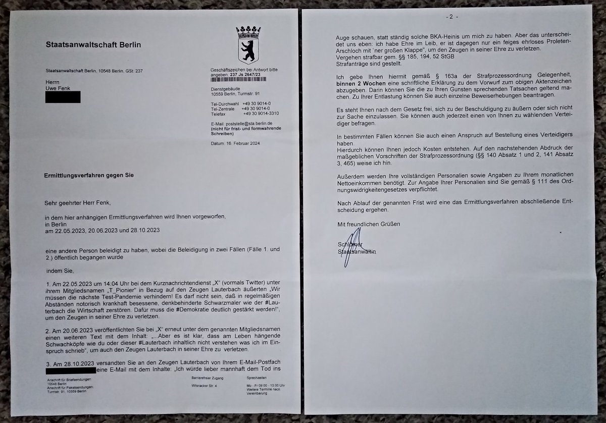 T_Pionier's tweet photo. Ich teile inzw. mit @docbrandenburg eine Sammelleidenschaft: Ermittlungsverfahren der @GStABerlin. 🤗
Bemerkenswert die hellseherischen Versuche von Staatsanwältin #Schlömer, die sogar zu wissen vorgibt, warum ich das schrieb, sich aber irrt, #CanG-#Lauterbach hat gar keine Ehre. https://t.co/OsH7h8Ctdd
