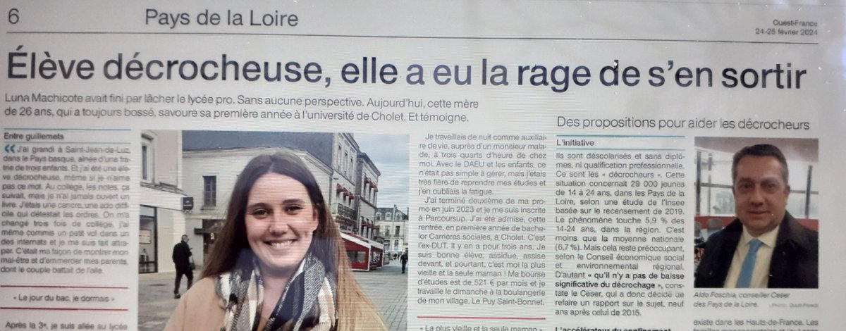 L'étude du <a href="/ceserPDL/">Conseil Economique Social Environnemental PDL</a> sur le décrochage scolaire présentée ce matin dans <a href="/OuestFrance/">Ouest-France</a> via <a href="/Quiroffe/">François Chrétien</a> avec l'interview du rapporteur <a href="/AldoFOSCHIA/">FOSCHIA Aldo</a>