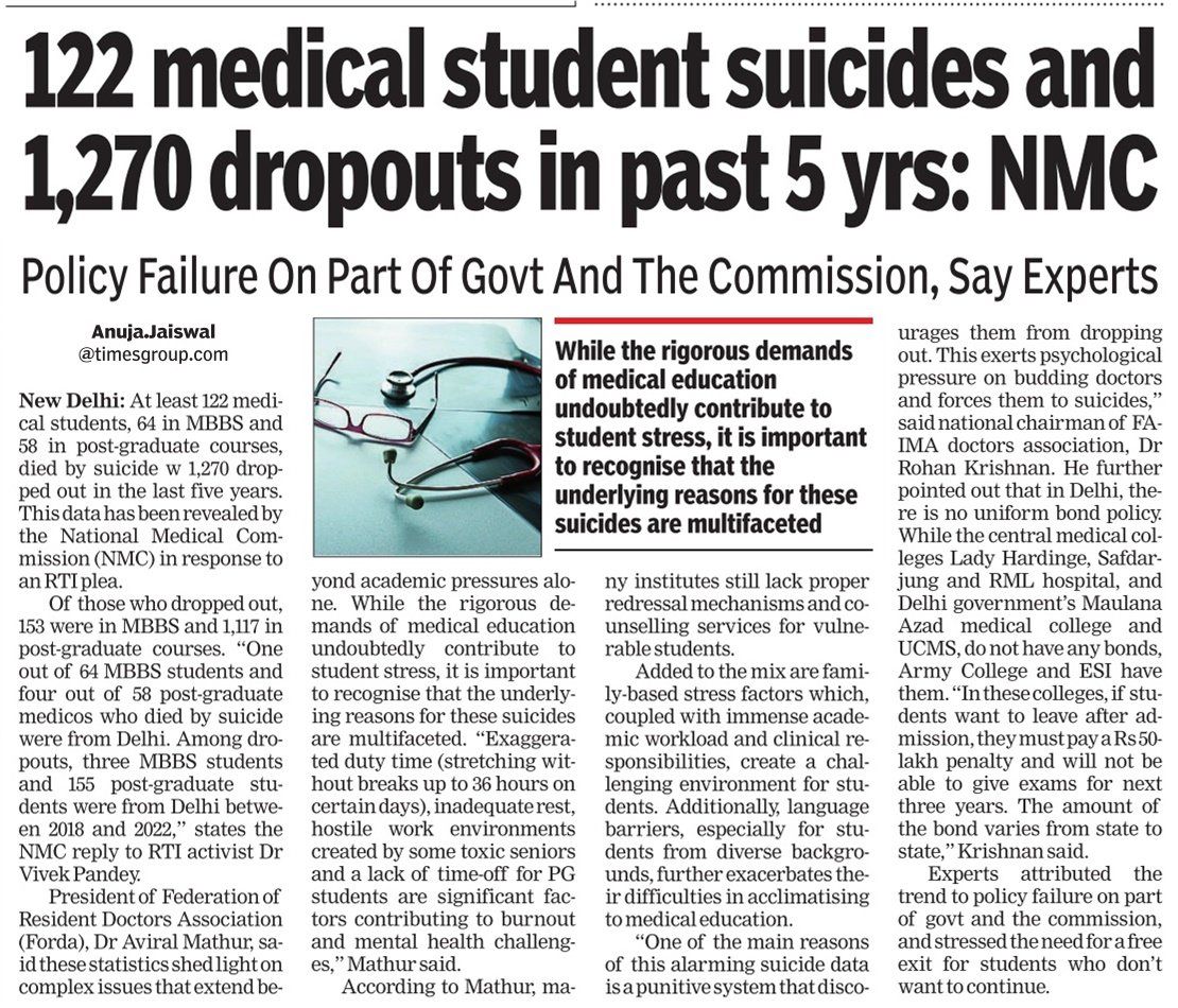 Vivekpandey21's tweet photo. #RTI Filed by me reveals shocking data: In the past 5 years, 122 medical students, including 64 MBBS &amp; 58 postgraduates, tragically committed suicide, while 1,270 others dropped out of medical colleges across India.

@AnujaJaiswalTOI report @PMOIndia

#MedTwitter #mentalhealth https://t.co/CCNzJpy3HG