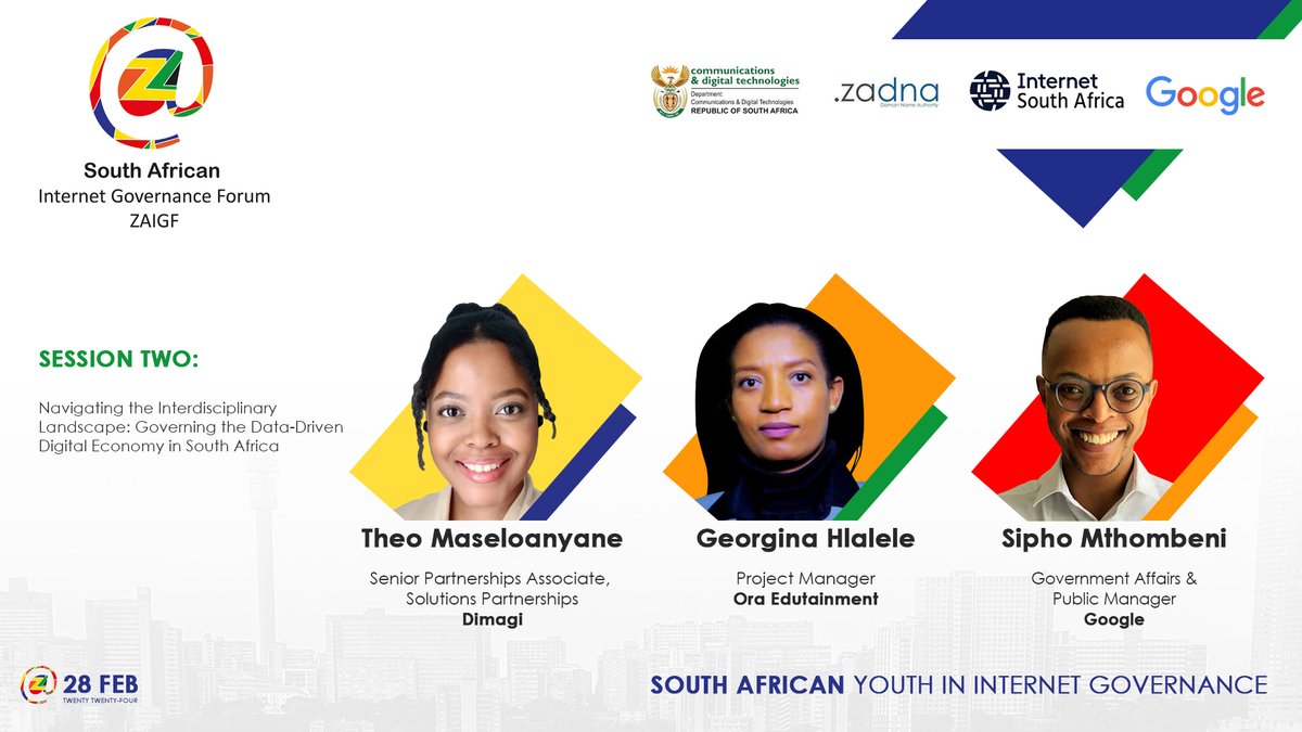 🎙️Meet our stellar lineup of speakers for session two of the ZAYIGF-2024! They will be unpacking the data-driven digital economy in South Africa 🇿🇦. Join us for an insightful discussion t#ZAYIGF2024 #TechInAfrica #DigitalEconomySA