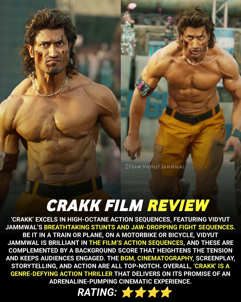 For me, #Crakk is the biggest action film of Indian cinema till date, I have never seen such hardcore action till date. @VidyutJammwal sir once again proved with #Crakk film that no one can do action like him. 😎😎 A MUST MUST WATCH MOVIE.🔥💯 Book your Tickets Now 🙏