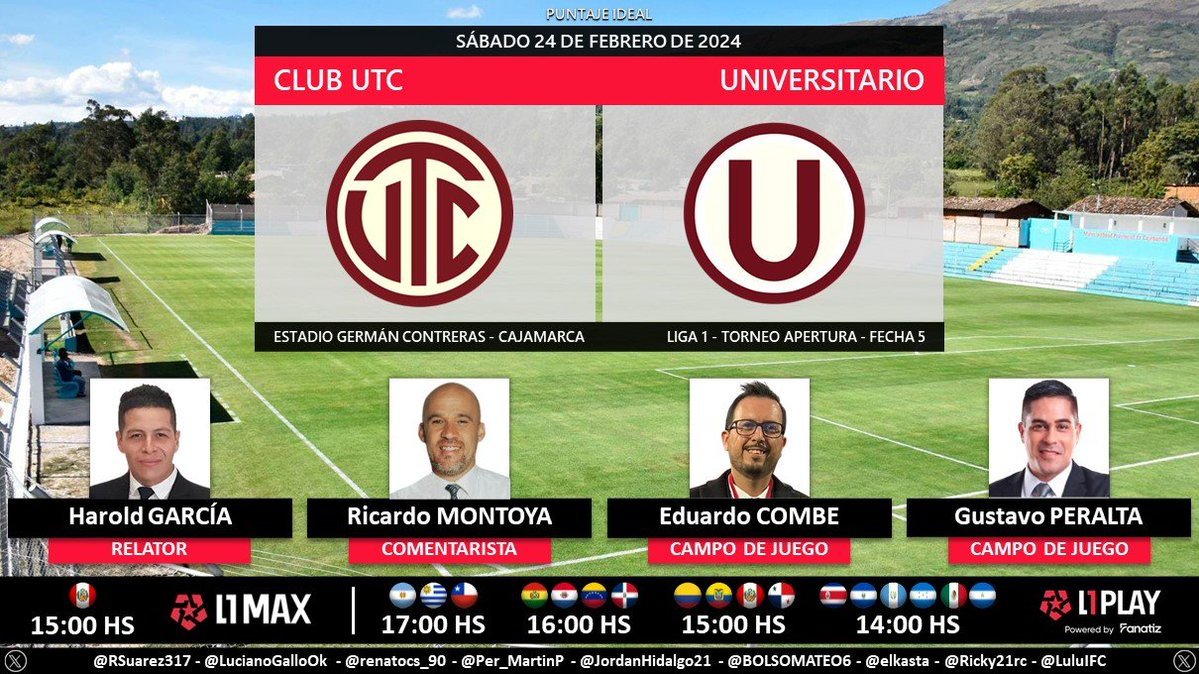 Puntaje_Ideal's tweet photo. ⚽ #Liga1 🇵🇪 | #ClubUTC vs. #Universitario
🎙 Relator: @haroldgad
🎙 Comentarista: @RMontoyaDes
🎙 Campo de juego: @Eduardo_Combe y @Gustavo_p4
📺 @L1Max_pe 🇵🇪
💻📱 #Liga1Play by #Fanatiz 🌎
🤳 #ElADNdelHincha - #L1Max
Dale RT 🔃 https://t.co/1812TG1Vs9