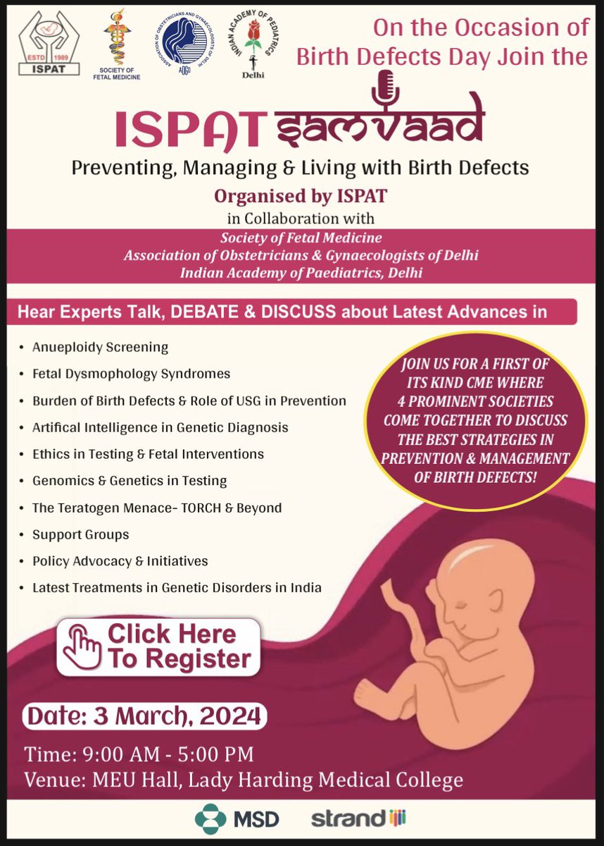 Socfetmed's tweet image. Birth Defects Day

Preventing, Managing &amp;amp; Living with Birth Defects

3rd March 2024
9am to 5pm

Check for more detail
#birthdefects #birthdefect #birthdefectsawareness #birthdefectsday2024 #birthdefectday #ispat #sfm #societyoffetalmedicine