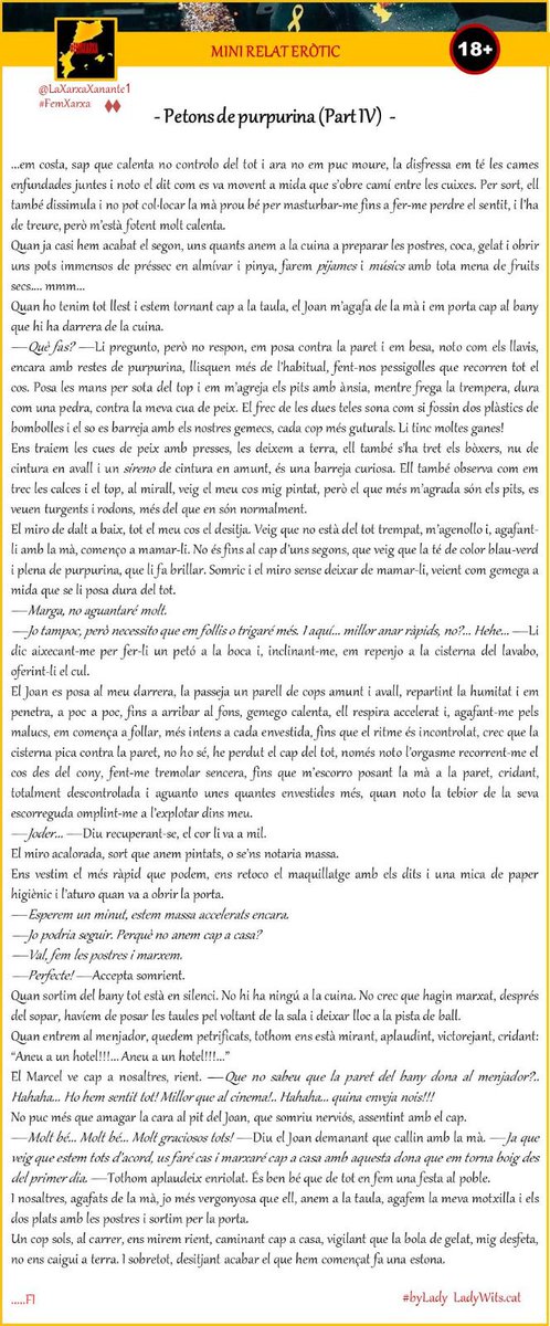 Bon dia xarxers 

La @LADY_WITS mai deixa de sorprendre’ns amb aquests finals tan calents!!!😈

PETONS DE PURPURINA
(Part IV) - FINAL

Link: ladywitsadults.blogspot.com/2024/02/petons…

#MiniRelatEròtic #LadyRelat #byLady #FemXarxa #Konektadezagu #FemXarxaPV #YesScotland #RelatsEròtics #CatalàEròtic