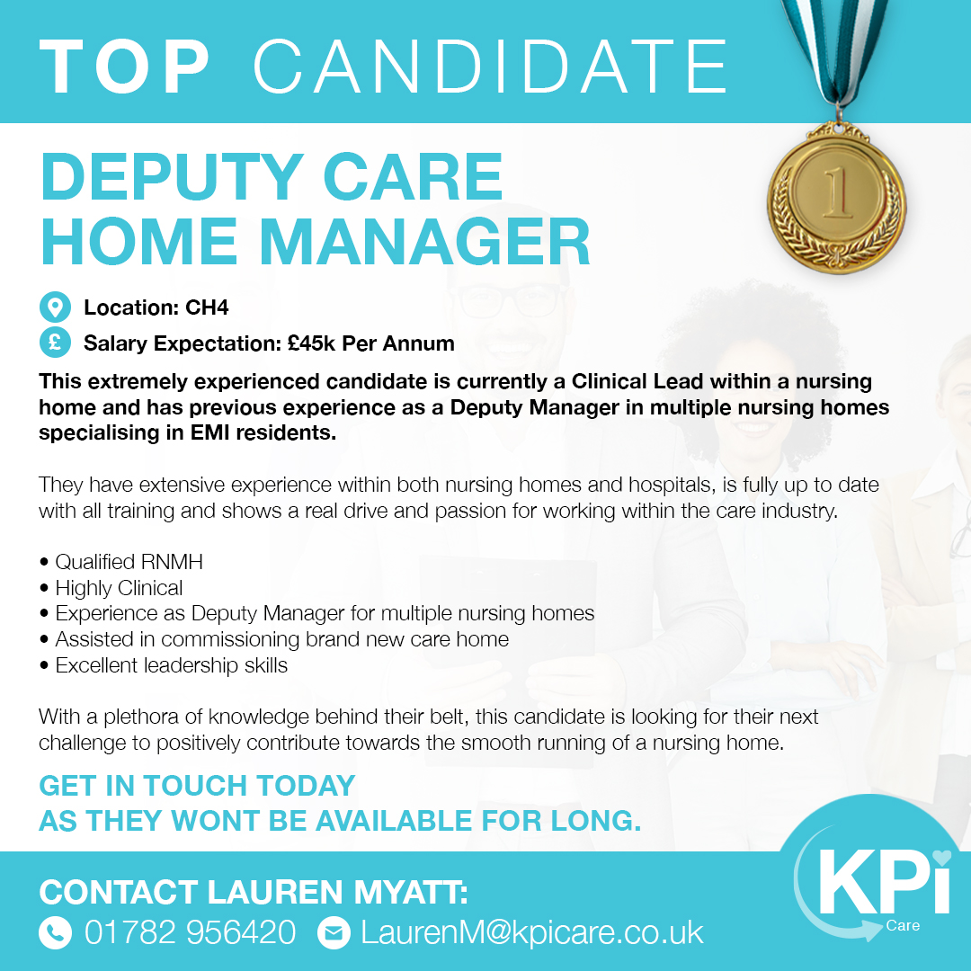 🎩TOP CANDIDATE: DEPUTY CARE HOME MANAGER

Location: CH4

Call Lauren on 01782 956420 or email LaurenM@kpicare.co.uk for more information.

#HomeManager #CareHomeManager #RecruitmentAgency #ChesterJobs #StaffSolutions #NowHiring #KPIRecruiting