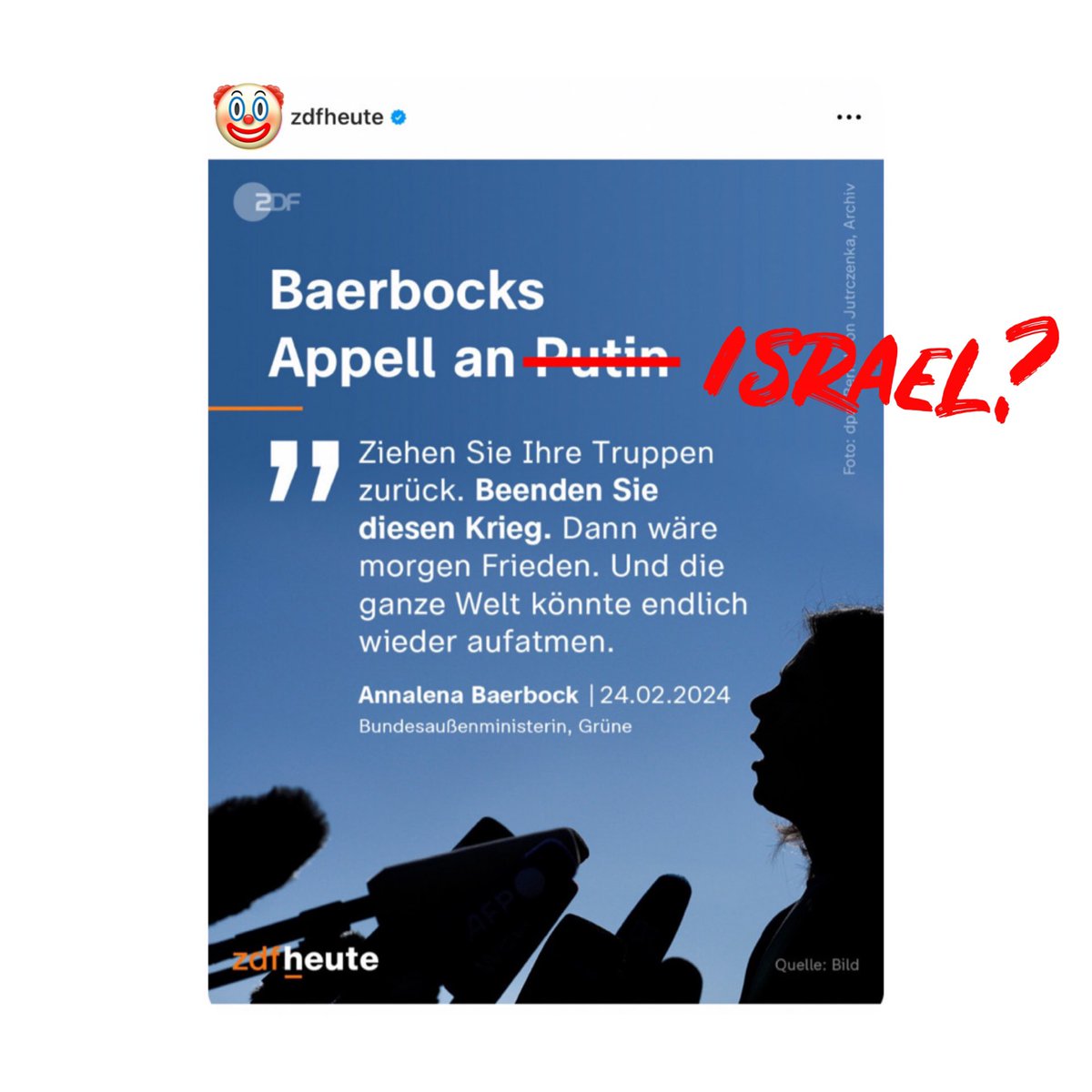 Tarek_Bae's tweet photo. Sehr geehrte Außenministerin @ABaerbock,

es ist doch erstaunlich, wie unverschämt Doppelmoral zur Schau gestellt wird. Sie sind also sehr wohl fähig, klare Forderungen aufzustellen. Sie können also sehr wohl den Verursacher des Leids benennen und zum Ende seiner Aggression auffordern. Sie können das, wenn es nicht Israel ist.

Denn zu diesen Worten konnten Sie sich in Anbetracht des israelischen Zerstörungskriegs gegen Gaza, der laut IGH potentiell ein Genozid sein könnte, bislang nicht überwinden. Trotz über 30.000 Toter. Trotz über 13.000 getöteter Kinder und Babys. Trotz 100 getöteter Kinder pro Tag. Trotz der Vertreibung von 85% der Bevölkerung. Trotz der Vernichtung von über 60 % des gesamten Lebensraums. Trotz unmissverständlicher, eindeutiger und laustarker Klagen, Warnungen, Hilferufe und Apelle der UN und sämtlicher Menschenrechtsgruppen.

Nein, Sie geben der menschenverachtenden Logik statt, diese Verbrechen wären „Verteidigung“.

Die ganze Welt könnte endlich wieder aufatmen, wenn Putin den Ukrainekrieg beenden würde? Ihre wohl behütete, verengte Welt der hellsten Hautfarbe vielleicht, Frau Außenministerin. Es wäre ein kurzer Atemzug. Denn die Welt verliert aktuell den Atem in der tagtäglichen Erwartung, dass dieser brutale Krieg Israels gegen Gaza, der jetzt schon ein vielfaches mehr an zivilen Opfern forderte als der Ukrainekrieg, endlich endet. Sie gehören zu denjenigen, die den Ruf nach einer sofortigen Waffenruhe und Frieden ersticken. Diese Menschen sind für sie nicht „Welt“ oder Mensch genug.

Aber immerhin können Sie sich auf eines verlassen: Das ZDF wird Sie nicht kritisieren oder kritisch einordnen. Das müssten Journalisten zwar tun. Aber so genau nimmt man es mit dem Journalismus in Deutschland, wenn es um Israel geht, derzeit ja eh nicht. So wie Sie es mit dem Völkerrecht nicht so genau nehmen. Die Würde des Menschen ist unantastbar, sagt uns Grundgesetz. Sie aber unterstützen die entmenschlichende und entwürdigende Politik Israels.

So wie die Ukrainer Frieden verdienen, verdienen ihn auch die Palästinenser.

Frau Baerbock, Sie könnten also, wenn Sie wollten. Sie wollen aber nicht. Und das sieht man. Seit 141 unverschämten Tagen.