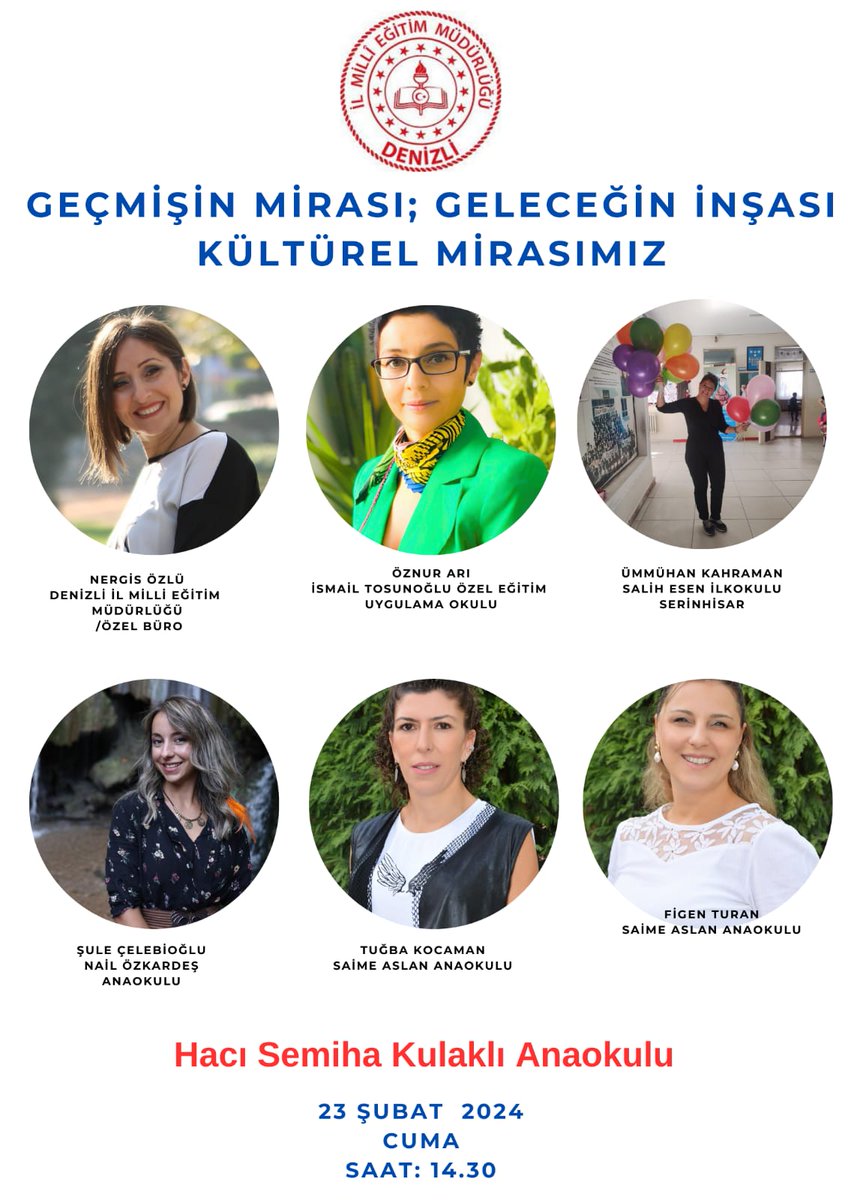 Geçmişin mirası; geleceğin inşası "Kültürel Mirasımız"ı çocuklarımıza aktarabilmek amacıyla Hacı Semiha Kulaklı Anaokulu'nda bir araya geldik. <a href="/denizlimem/">Denizli İl Millî Eğitim Müdürlüğü</a> <a href="/emre_caliskan/">Emre Çalışkan</a> <a href="/PamukkaleMEM/">Pamukkale İlçe Milli Eğitim Müdürlüğü</a> <a href="/mhtcimen/">mhe</a> <a href="/NergissOzlu/">NergissÖzlü</a>