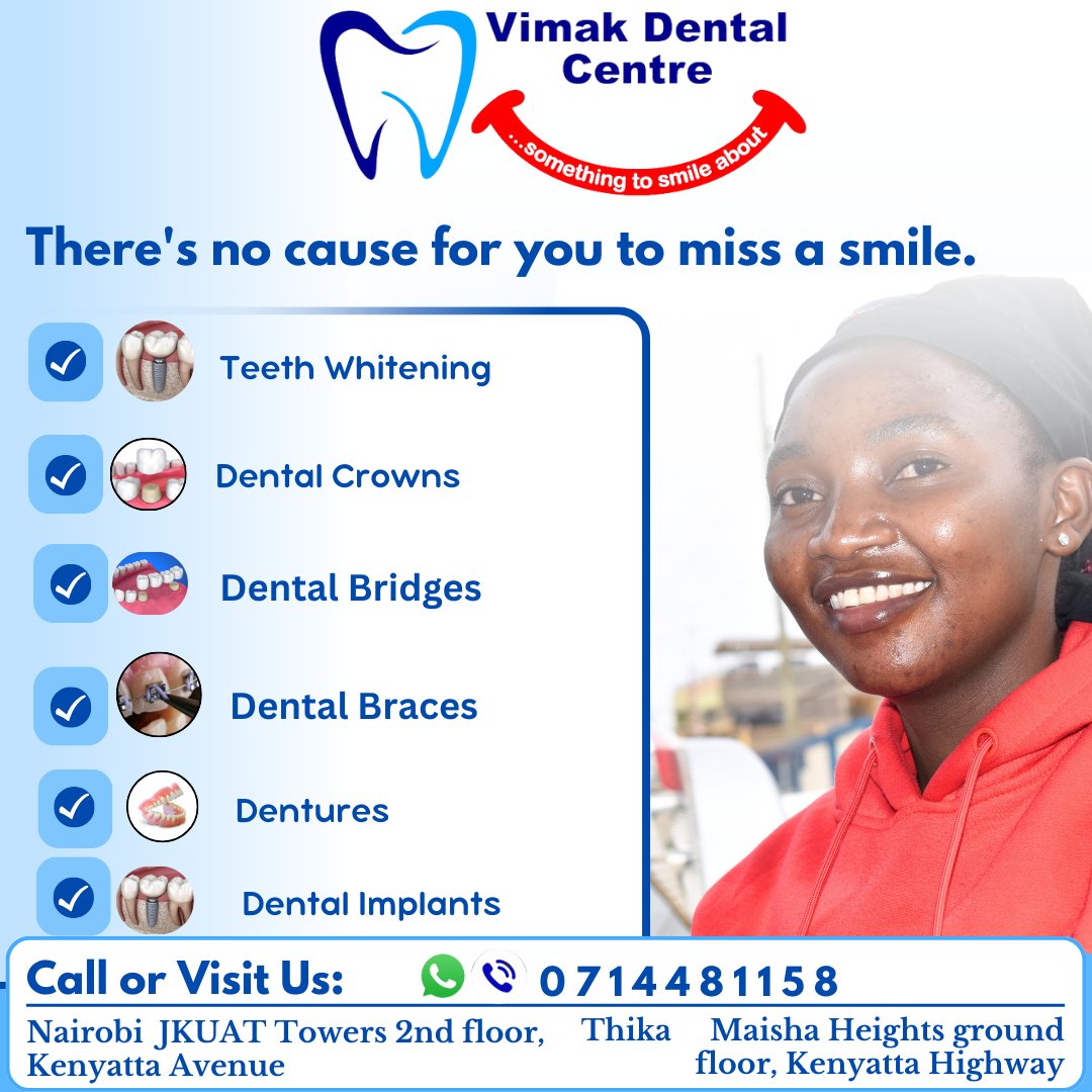 Since maintaining the health and beauty of your smile is our top priority, we provide you with everything you need to smile. 
vimakdentalcentre.co.ke
#vimakdentalcentre
#vimakdentalservices
