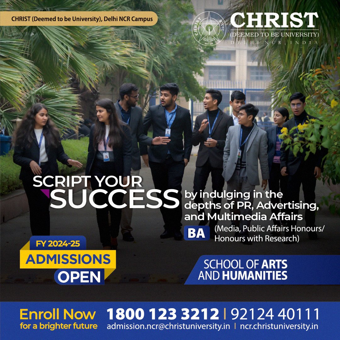 Transform your passion into purpose with our cutting-edge BA (Media, Public Affairs Honours/ Honours with Research) programme at CHRIST (Deemed to be University) Delhi NCR! Dive into the heart of storytelling, advocacy, and social impact. 
..
#CHRISTDelhiNCR #MediaMomentum